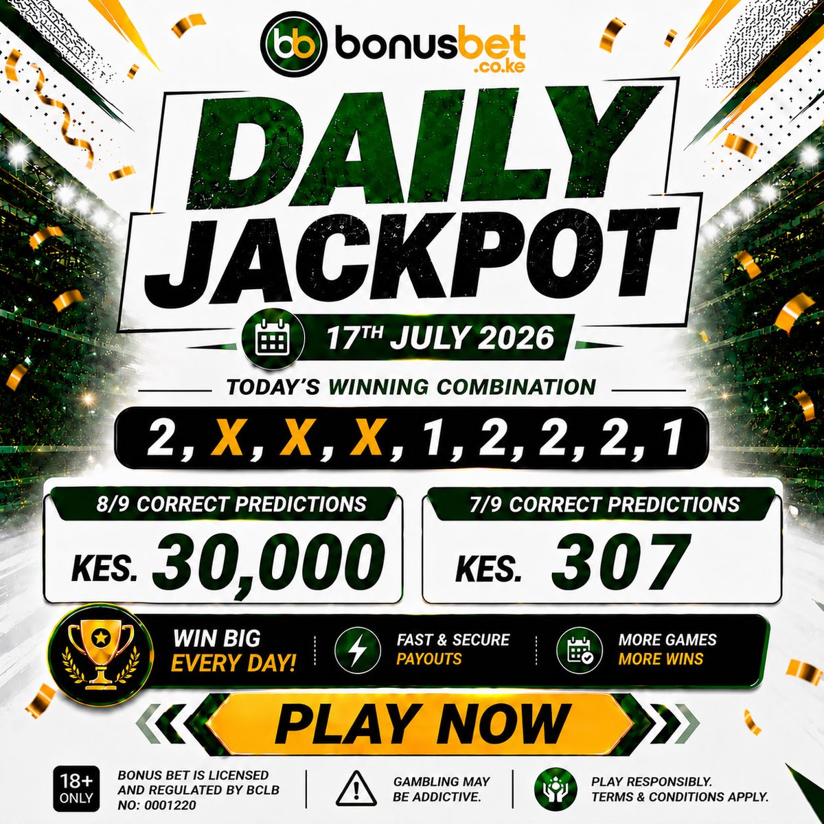 BonusBetKE's tweet photo. 🎉🔥CONGRATULATIONS TO ALL OUR DAILY JACKPOT BONUS WINNERS! 🔥🎉

Another exciting Daily Jackpot draw is complete, and today we're celebrating all our Bonus Winners! 🏆💸

Your football knowledge has paid off—hongera sana to everyone who walked away with a bonus reward! 👏🎊

📢 Today's Winning Combination:
✨ 2,X,X,X,1,2,2,2,1 ✨

If this was your prediction, congratulations! ✅🔥
Check your account and confirm your winnings. 💸🚀

🎯 Jackpot Rewards:
💰 7/9 Correct – Bonus Winner
🚀 8/9 Correct – Bigger Bonus
🏆 9/9 Correct – Win KES 100,000!

Missed out today? Your next chance is just around the corner!

🎟️ Play the next Daily Jackpot with KES 15 only and stand a chance to WIN KES 100,000, plus bonus rewards for 7/9 and 8/9 correct predictions.

👉 Play Now: https://t.co/H8dEzLtqxK

⚠️ 18+ Only. Play responsibly. Gambling can be addictive.

#DailyJackpot #WinningCombination #BonusWinners #JackpotResults #KES100K #BetNa15 #PlayAndWin #GameKali #Bonusbet #BigWinsAlert #JackpotKenya