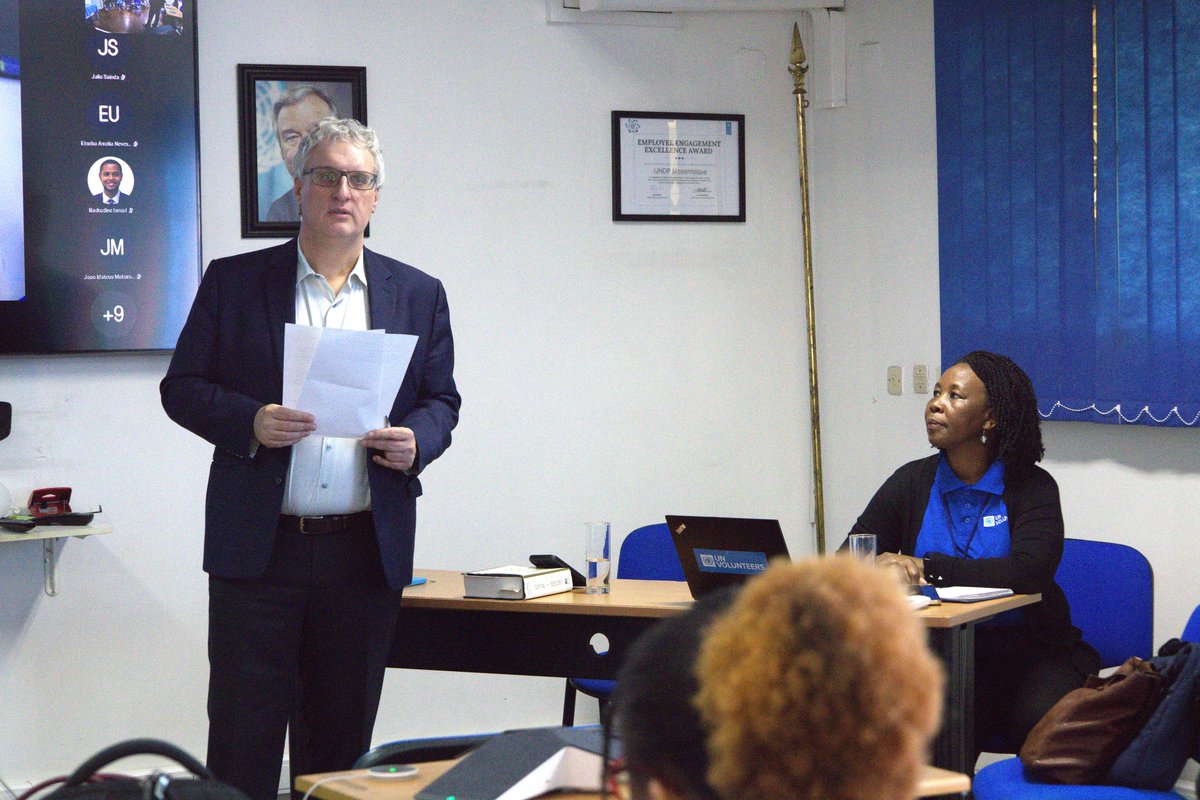 UNVMozambique's tweet photo. On Thursday, we held the second quarterly meeting of UN Volunteers in Mozambique. @EdoStork, @UNDPMozambique Resident Representative, emphasized the role of volunteerism in advancing the SDGs. Neema Mkomawanthu, a former UN Volunteer, shared her inspiring story since 1997. https://t.co/8IHL2PqsZM