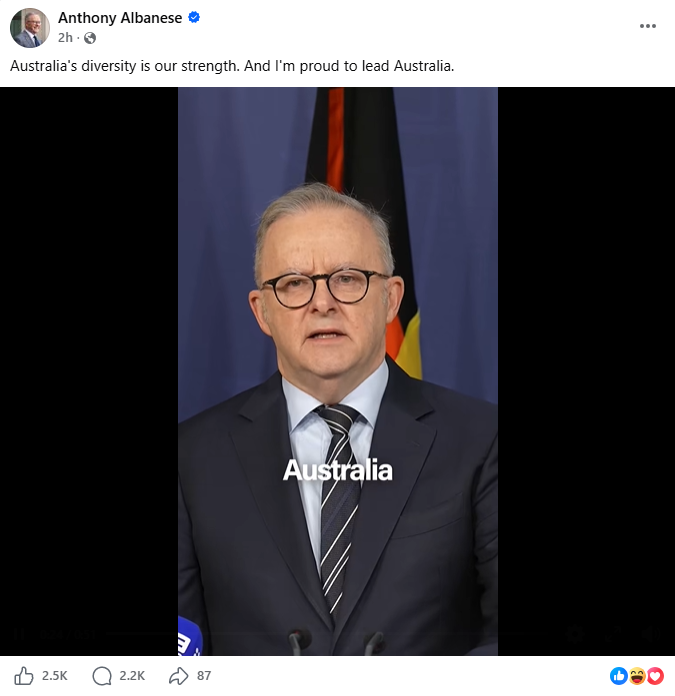 NoticerNews's tweet photo. Australian Prime Minister Anthony Albanese posts "diversity is our strength" video on Facebook (but not X), and the comment section is full of AI-generated responses from immigrants. https://t.co/iLEZLmSOUB