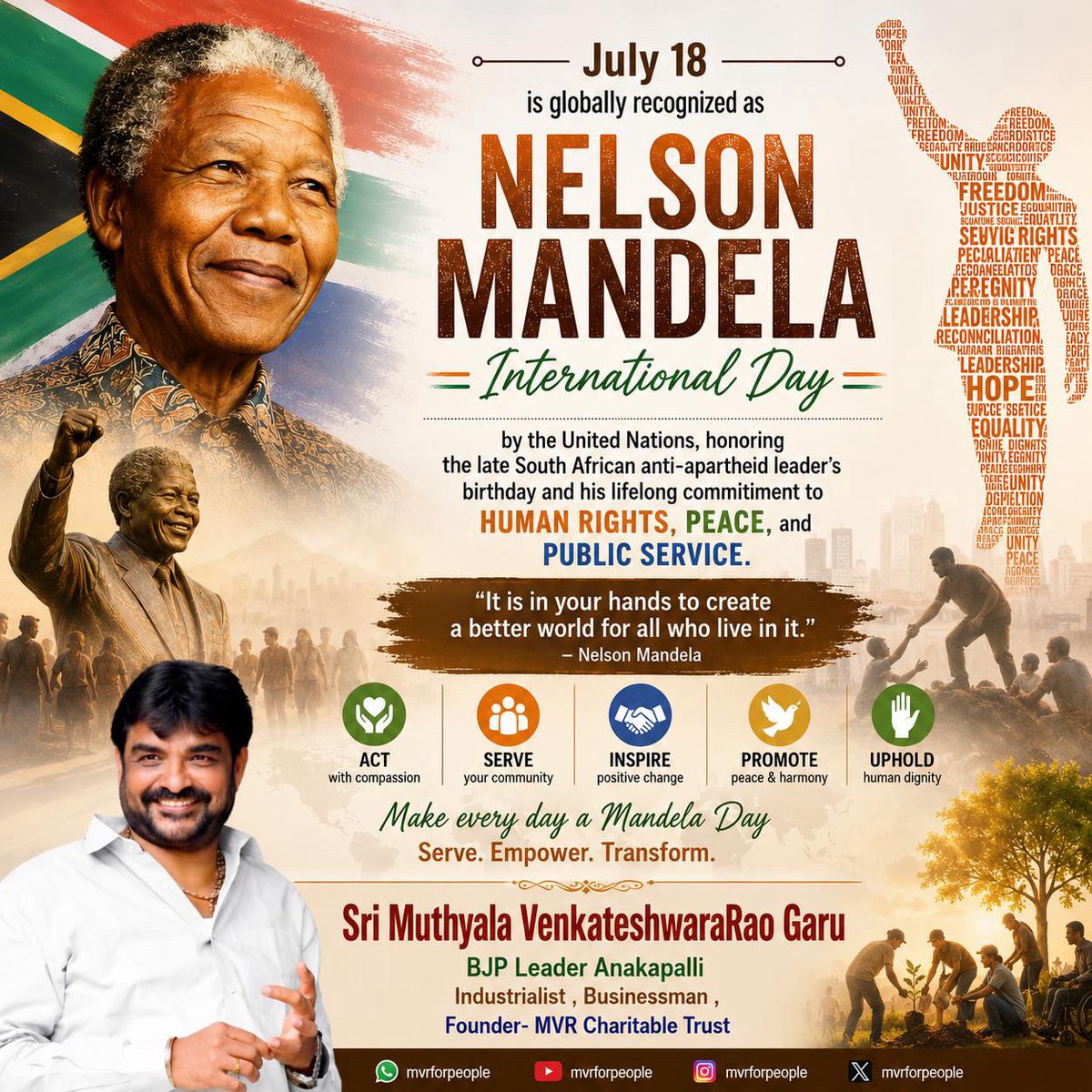MVRforPeople's tweet photo. Mandela Day reminds us that every individual has the power to create change. By dedicating 67 minutes to helping others—symbolizing the 67 years Mandela spent serving humanity 
“It is in your hands to create a better world for all who live in it.” – Nelson Mandela❤️ https://t.co/S6fcR1hNic
