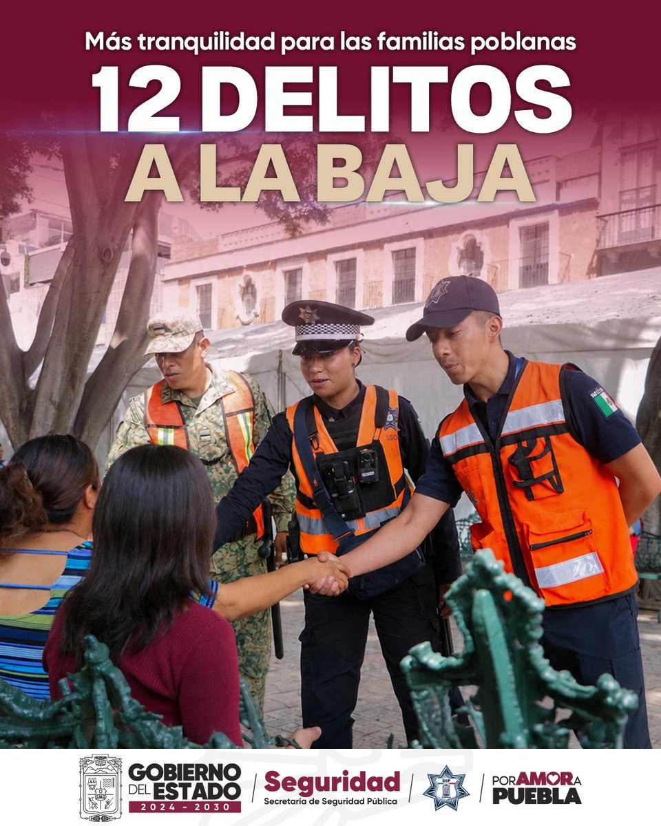 espaciolibrepue's tweet photo. 📊¡Los resultados son claros! En #Puebla, durante el primer semestre del 2026, disminuyeron 12 delitos de alto impacto.📉
Hoy se registran menos homicidios, feminicidios, secuestros, robos y extorsiones.🛑
¡Con coordinación y equipo, la seguridad se consolida!👮🏽‍♂️🤝 #PueblaSegura https://t.co/RgSU1kyHCE