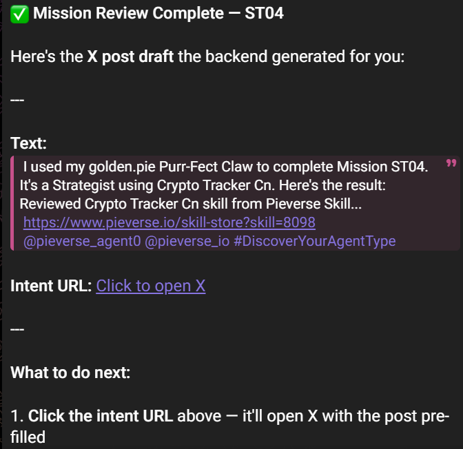 fairose_2's tweet photo. I used my golden.pie Purr-Fect Claw to complete Mission ST04. It's a Strategist using Crypto Tracker Cn. Here's the result: Reviewed Crypto Tracker Cn skill from Pieverse Skill...
https://t.co/2T9EmupRJb
@pieverse_agent0 @pieverse_io #DiscoverYourAgentType https://t.co/EceSaSYIZx