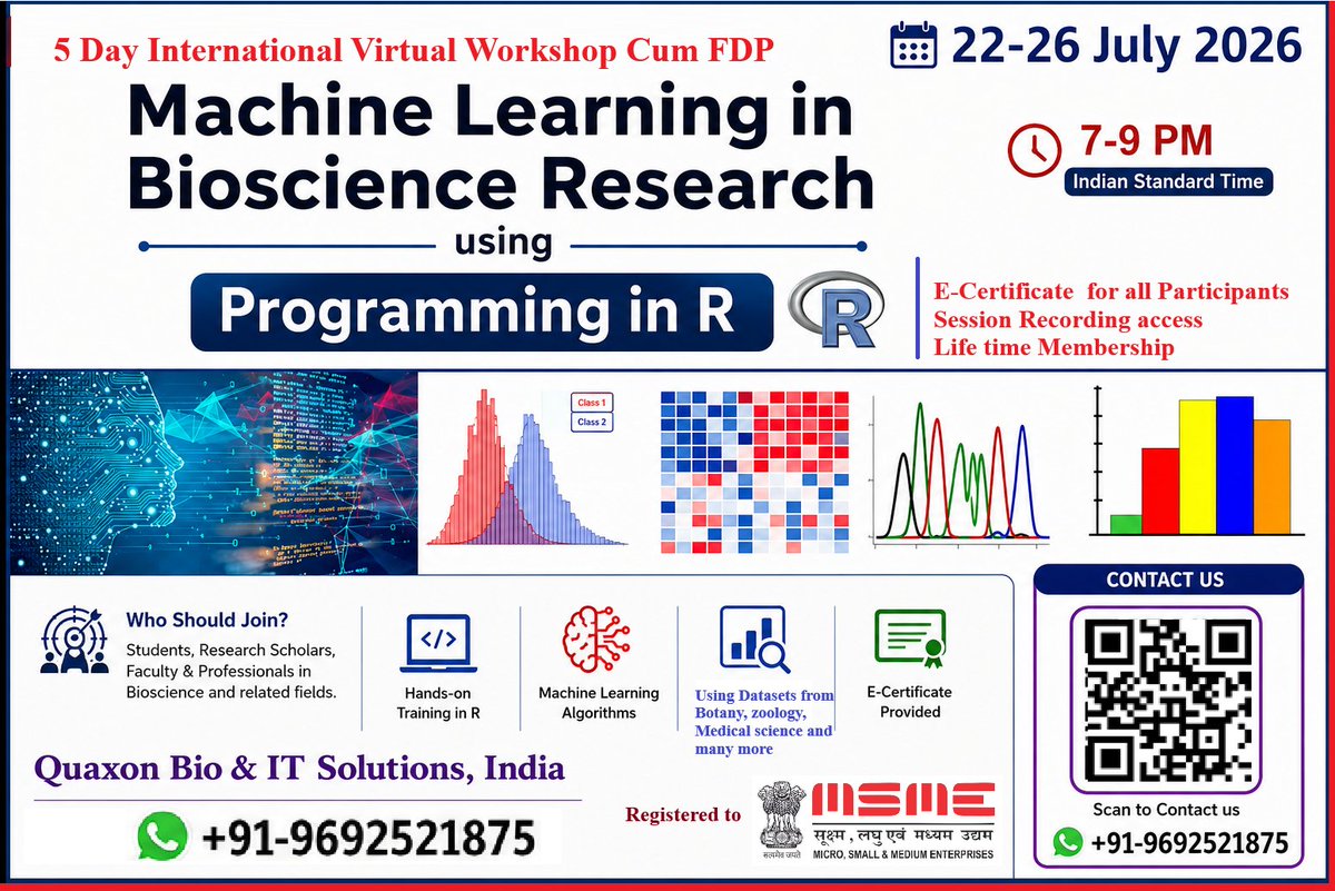 Quaxonbiits's tweet photo. https://t.co/Bga0lSB3ws
5 Day International workshop cum FDP on Machine Learning in Bioscience Research using R | 22-26 July 2026. All UG/PG , PhD scholars, Faculties are eligible to join.
#lifescience #botany #zoology #biotech #bioinfo #ToxicOn26thAug https://t.co/A6io0fPmNE