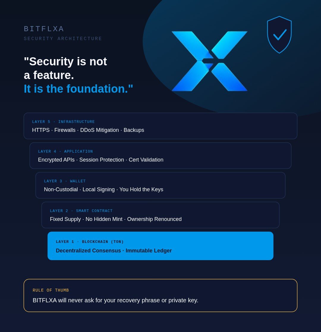Wesgard_OG's tweet photo. Gm CT,

Something I actually appreciate about how @BITFLXA talks about security:

"Security is not a feature. It is the foundation."

Most #crypto projects treat security like a checkbox, add it later, slap on an audit badge, call it done. #BITFLXA's approach to #Web3 security is different, it's built into every layer from day one, not patched in afterward.

They break it down into layers, and it's worth understanding what that actually means:

🔹 Blockchain layer — inherits the security of #TON itself (decentralized consensus, immutable ledger).

🔹 Smart contract layer — fixed $BFLX supply, no hidden mint function, ownership renounced.

🔹 Wallet layer — fully non-custodial, your private keys never touch their servers.

🔹 App layer — encrypted communication, secure session handling.

🔹 Infrastructure layer — HTTPS, firewalls, DDoS protection on the backend.

Six principles run through all of it: security by design, least-privilege access, user ownership, transparency, continuous monitoring, continuous improvement.

Explore https://t.co/Ql7f5UkSf1