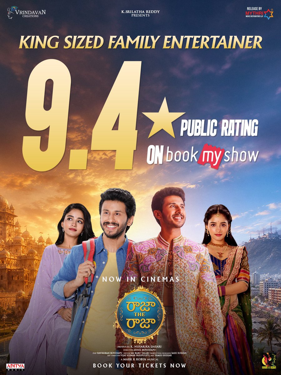 baraju_SuperHit's tweet photo. Your love says it all!❤️ 

9.4 public rating for the entertaining #RajaTheRaja on Book My Show 👑

Book your tickets today 🎫
https://t.co/1bS81epLvb

#RTRtheFilm #RajaదిRaja

#Ruthvik #KNiharikaDasari #VishakhaDhiman #AnnilBoyiidapu #RaviBoyidapu @iamMarkKRobin #Rohini @BhadramDr #Parvateesam #SaiBabu @sahisuresh @machasaikishore @VrindavanOffl @adityamusic @mythrirelease @UrsVamsiShekar @MediaYouwe