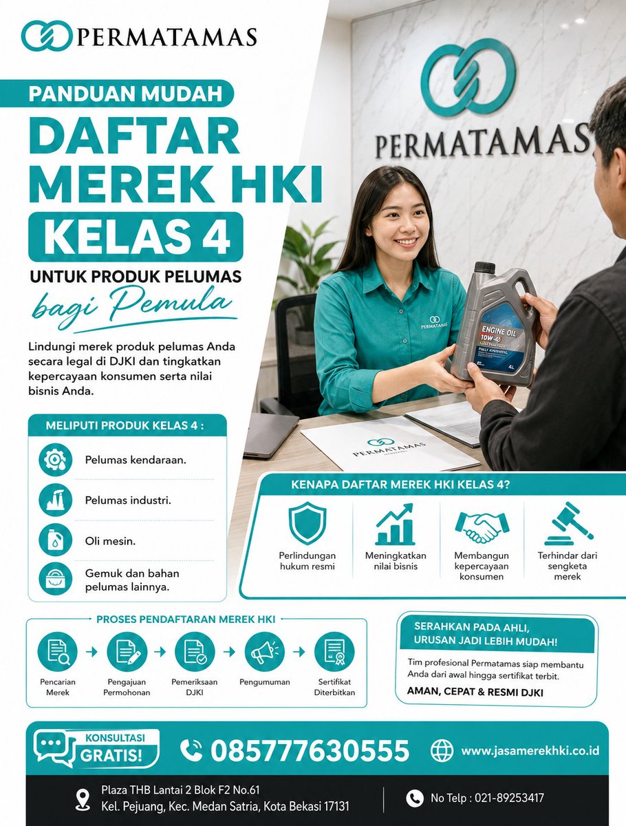 IzinMerek's tweet photo. Panduan Mudah Daftar Merek HKI Kelas 4 untuk Produk Pelumas bagi Pemula

PERMATAMAS hadir memberikan solusi total perlindungan hukum untuk produk Kelas 4, meliputi:

Pelumas kendaraan.
Pelumas industri.
Oli mesin.
Gemuk dan bahan pelumas lainnya. https://t.co/DMuyTjnoJr