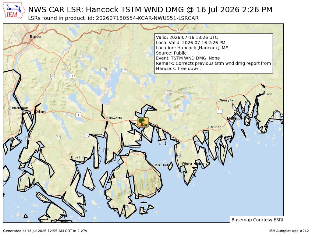 iembot_car's tweet photo. [Delayed Report] On Jul 16, at 2:26 PM EDT, Hancock [Hancock Co, ME] Public reports Tstm Wnd Dmg. Corrects previous tstm wnd dmg report from Hancock. Tree down. #mewx https://t.co/S3r3CFq11Y https://t.co/S4vHpNcHV8