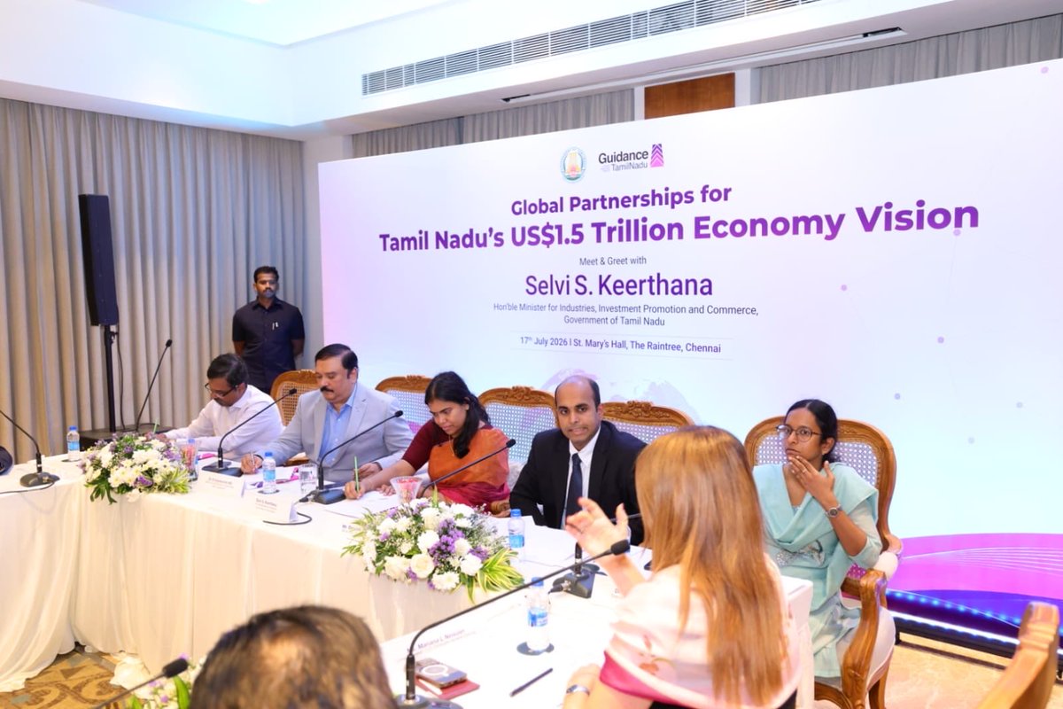 Keerthana4VNR's tweet photo. Constructive discussions last evening with Consuls General over dinner. We spoke about where Tamil Nadu is headed next, not just where we already lead. 

Semiconductors, green hydrogen, medical devices, GCCs, the sectors that will decide the next decade, not just this one.
We exchanged perspectives on strengthening partnerships between Tamil Nadu and their respective countries across advanced manufacturing, semiconductors, electronics, clean energy, aerospace & defence, medical devices, and Global Capability Centres.

As we shape Tamil Nadu's Industrial Policy 2027, such dialogues are invaluable. Tamil Nadu remains committed to being a reliable partner for global investors as we advance towards our vision of becoming a $1.5 trillion economy by 2036.

நேற்று மாலை பல்வேறு நாடுகளின் துணைத் தூதர்களுடன் (Consuls General) இரவு விருந்தின்போது பயனுள்ள மற்றும் ஆக்கப்பூர்வமான கலந்துரையாடல் நடைபெற்றது.

தமிழ்நாடு இன்று முன்னிலை வகிக்கும் துறைகள் மட்டுமல்லாமல், அடுத்த கட்ட வளர்ச்சியை வழிநடத்தும் துறைகள் குறித்தும் விரிவாக கருத்துகளைப் பகிர்ந்து கொண்டோம். குறிப்பாக, குறைக்கடத்திகள் , பசுமை ஹைட்ரஜன் , மருத்துவ உபகரணங்கள் , உலகளாவிய திறன் மையங்கள் உள்ளிட்ட அடுத்த பத்தாண்டுகளின் வளர்ச்சியை நிர்ணயிக்கும் முக்கிய துறைகள் குறித்து விவாதித்தோம்.

மேம்பட்ட உற்பத்தி, குறைக்கடத்திகள், மின்னணுவியல், தூய்மையான எரிசக்தி, விண்வெளி & பாதுகாப்புத் தொழில்நுட்பம், மருத்துவ உபகரணங்கள் மற்றும் உலகளாவிய திறன் மையங்கள் உள்ளிட்ட துறைகளில் தமிழ்நாட்டிற்கும் அவரவர் நாடுகளுக்கும் இடையேயான கூட்டாண்மையை மேலும் வலுப்படுத்துவது குறித்தும் கருத்துகளைப் பரிமாறிக் கொண்டோம்.

தமிழ்நாட்டின் தொழில் கொள்கை 2027-ஐ வடிவமைத்து வரும் இந்த தருணத்தில், இத்தகைய ஆக்கப்பூர்வமான கலந்துரையாடல்கள் மிகுந்த முக்கியத்துவம் வாய்ந்தவை. 2036 ஆம் ஆண்டுக்குள் 1.5 டிரில்லியன் அமெரிக்க டாலர் பொருளாதாரத்தை நோக்கமாகக் கொண்டு முன்னேறும் தமிழ்நாடு, உலக முதலீட்டாளர்களுக்கு நம்பகமான மற்றும் விருப்பமான முதலீட்டு இலக்காக தொடர்ந்து திகழும்.
