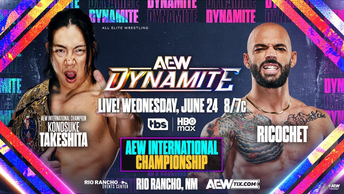 ddtpro's tweet photo. 📢KONOSUKE TAKESHITA『AEW Dynamite』での試合をWRESTLE UNIVERSEにて日本語実況配信中！　ゲスト解説はMAO！

チーム・MJFvsチーム・ブリスコの12人タッグマッチ、リコシェとカイル・フレッチャーを挑戦者に迎えたインターナショナル王座防衛戦を公開！

https://t.co/yXMidNpG5R
#AEW #ddtpro https://t.co/VpZDMgkp0E