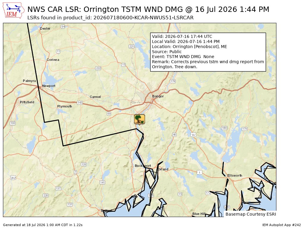 NewEnglndIEMBot's tweet photo. [Delayed Report] On Jul 16, at 1:44 PM EDT, Orrington [Penobscot Co, ME] Public reports Tstm Wnd Dmg. Corrects previous tstm wnd dmg report from Orrington. Tree down. #mewx https://t.co/V80VVTFVVx https://t.co/DqwxCeazfv