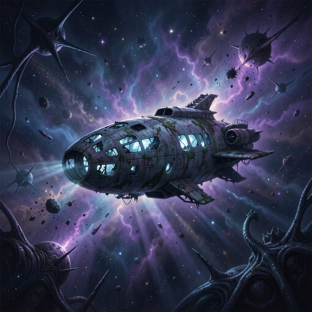 pauvreencolere's tweet photo. A solitary, derelict spaceship drifts through a nebula of cosmic dust and shattered stars. The ship's hull is scarred and ancient, hinting a...
#space #purple #deep #cosmicdust #spaceship #windows #broken #aloneinthespace #alone #LostSpaceShip #aiart #nightcafe #digitalart via @NightcafeStudio
- made with NightCafe
https://t.co/KUEFNTWzxg
