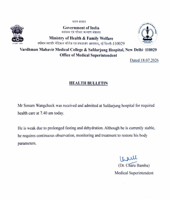 PTI_News's tweet photo. Safdarjung Hospital issues Sonam Wangchuk's health update, "Sonam Wangchuck was received and admitted at Safdarjung hospital for required health care at 7.40 am today. He is weak due to prolonged fasting and dehydration. Although he is currently stable, he requires continuous observation, monitoring and treatment to restore his body parameters."
