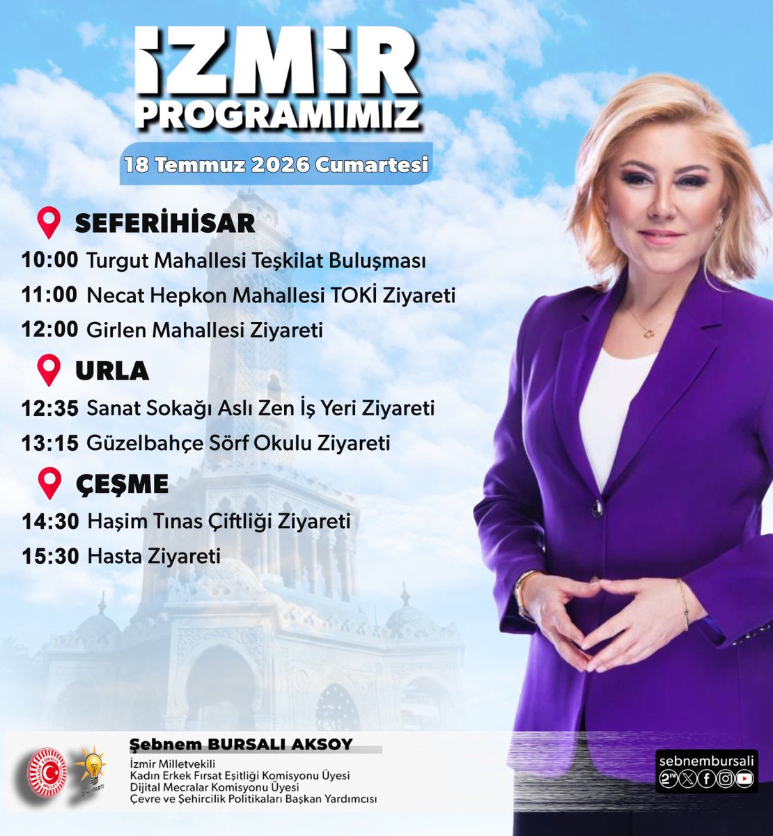 sebnembursali's tweet photo. ▪️Bugün İZMİR Programımız

📍SEFERİHİSAR
📍URLA
📍ÇEŞME

@Akparti 
@akpartiizmir 
@SeferihisarAK 
@UrlaAk 
@cesmeakparti https://t.co/qD8wx5GAkr