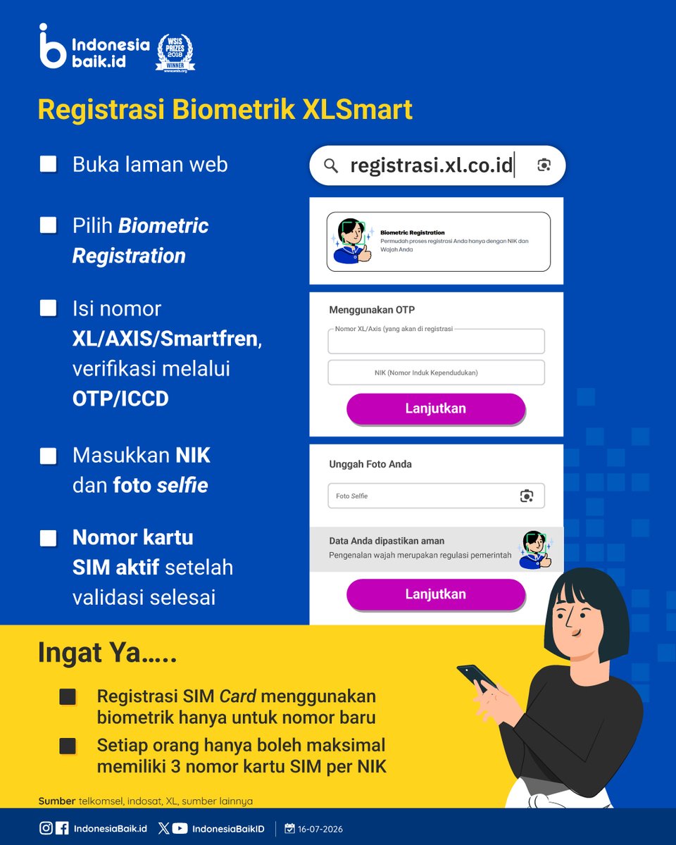 IndonesiaBaikId's tweet photo. Mulai 1 Juli 2026, registrasi #KartuSIM di Indonesia menggunakan verifikasi #Biometrik resmi diterapkan

Setiap operator seluler telah menyediakan mekanisme registrasi yg mudah diakses

Yuk, simak caranya, SohIB😉

#IndonesiaBaik #Infografik #SIMCard #DataPribadi #KomdigiNewsroom https://t.co/oijQqiwZG1