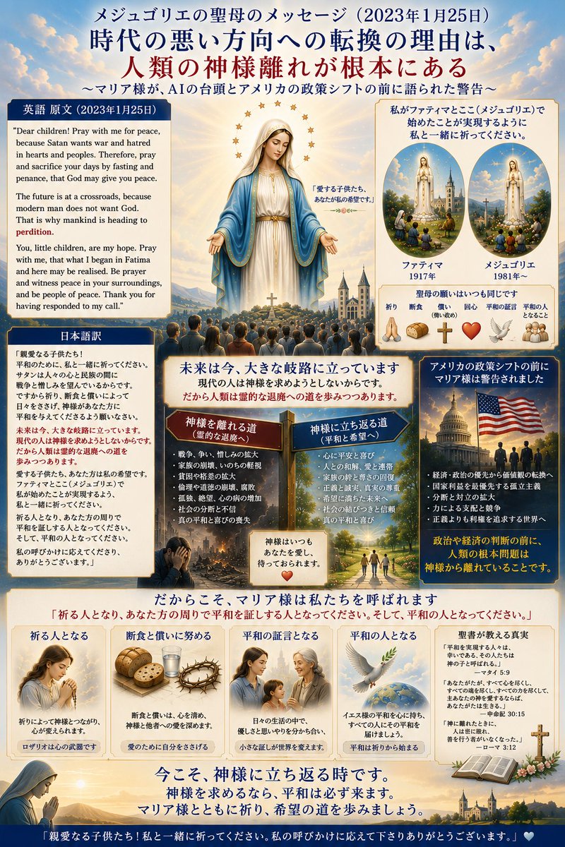 poruto_macaron's tweet photo. メジュゴリエの聖母のこのメッセージはAIとアメリカの暴挙が世界を変貌させる前に語られたものです。時代の悪い転換の原因は、政治でも経済でもなく人類の神様離れです。 https://t.co/c29eRr0oA2