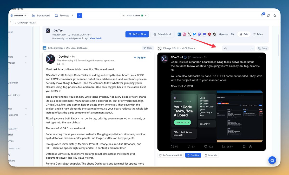 stoicsoft's tweet photo. 1MarketingTool v0.6.0 is out. Rewrite a campaign piece with AI or guide it with an adjustment prompt. Every version is saved beside the original, switchable from a dropdown. Pick the AI agent per rewrite, cross-post one version to other channels and track delivery per channel. https://t.co/FqZfG0gAYq