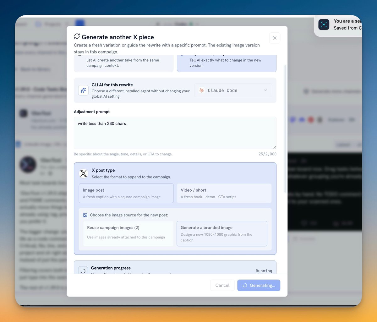 stoicsoft's tweet photo. 1MarketingTool v0.6.0 is out. Rewrite a campaign piece with AI or guide it with an adjustment prompt. Every version is saved beside the original, switchable from a dropdown. Pick the AI agent per rewrite, cross-post one version to other channels and track delivery per channel. https://t.co/FqZfG0gAYq