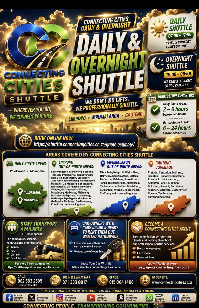 GILEJoBs_SA's tweet photo. 🚐 CONNECTING CITIES DAILY &amp; OVERNIGHT SHUTTLE

🌐 Book Online:
https://t.co/PuMmQrHgox

👥 Staff Transport (https://t.co/cWO57fMj7V)
🚘 Rent a car (https://t.co/mTRkDlQ6Tb)
🤝 Vehicle Owners (https://t.co/3FNyFlyIbm)
💼 Become a Connecting Cities Agent (https://t.co/BmIYHDbyaW) https://t.co/MD2g6qfBBy