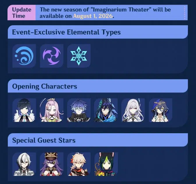 genshinmains_'s tweet photo. August Imaginarium Theatre will have Hydro, Electro, and Cryo. 

Special guest stars will be: Arlecchino, Chevreuse, Kazuha, and Tighnari. 

#GenshinImpact #原神 #원신 https://t.co/Ml3QVYtoED