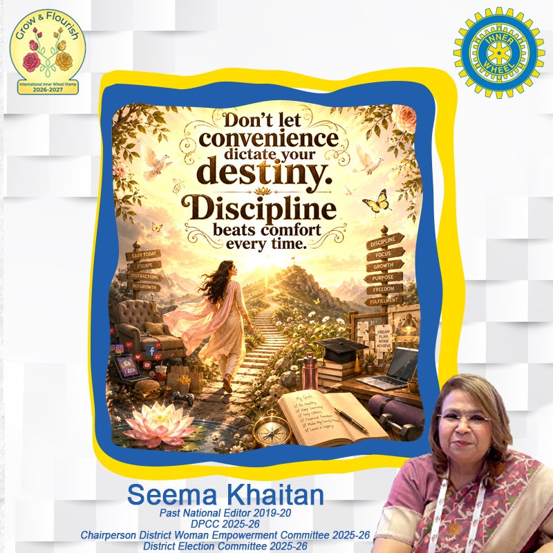 SeemaKhaitan9's tweet photo. || Discipline Over Comfort ||
Seema Khaitan
PNE 2019-20
#SeemaKhaitan #InnerWheel #InspirationalQuotes #MotivationalQuotes #DisciplineOverComfort #DestinyByDesign #Resilience #ConsistencyIsKey #SelfBelief #ChooseGrowth #MindsetMatters #NoExcuses #EmpoweredWomen #InnerStrength https://t.co/lesSNw0Tn7