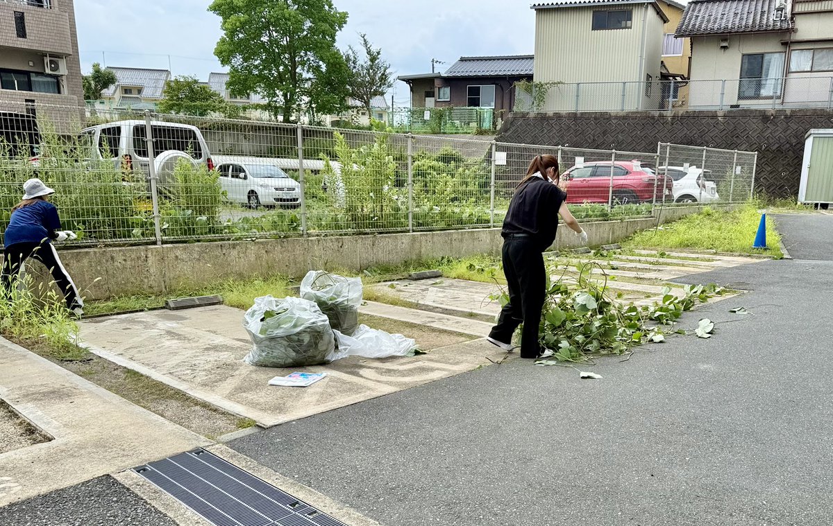 kuushinelm's tweet photo. 敷地内に葛（くず）が伸びて見苦しいのを事務所の女性陣が急きょ撤去作業を行いました。
来客数駐車場の雑草も手作業で除去。
暑い中ありがとうございます。
でも雑草ってまたすぐ茂るんですよね(T_T)
#高齢者複合福祉施設　#グループホーム   #特養   #介護   #除草 https://t.co/ZOTWqHrawr