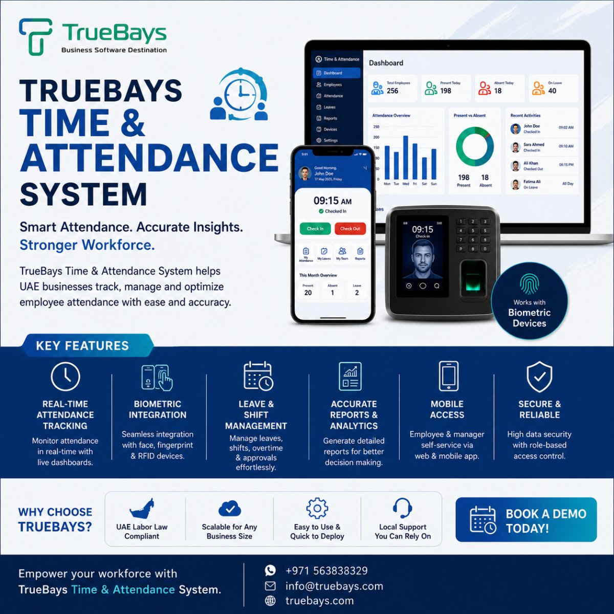 truebays's tweet photo. Stop chasing manual timesheets! 📉
TrueBays StackHX offers the most complete Time &amp; Attendance System built for the #UAE market. 🇦🇪
✅ Biometric Sync (Face/Fingerprint)
✅ Mobile GPS Geofencing 📍
✅ Real-time Dashboards 📊
✅ 100% UAE Labour Law Compliant https://t.co/mdAs5AxTIC
