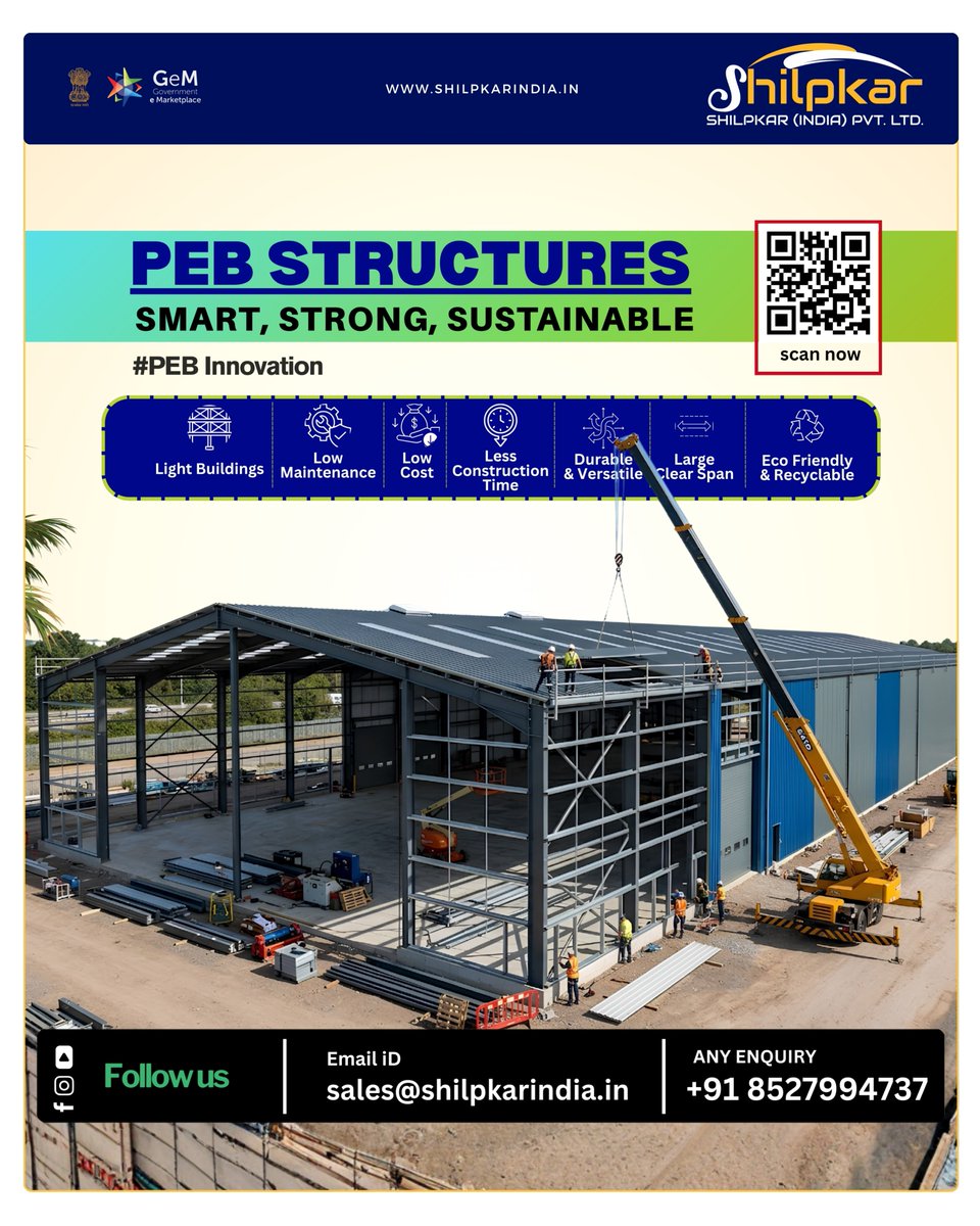 IndiaShilpkar's tweet photo. PEB STRUCTURES SMART, STRONG, SUSTAINABLE.
Scan the QR code to know more
visit = https://t.co/BQweUZEO3V
or call us at 8527994737
mail - sales@shilpkarindia.in
#International #workerday #shilpkarindia #PEB #structure #project #Sustainble #building #high #quality #Ecofriendly https://t.co/WLiIFxKpmo