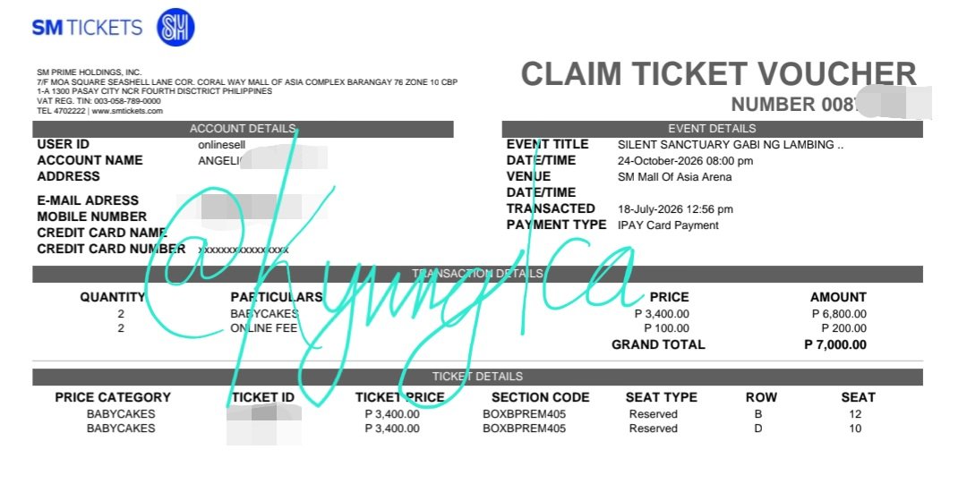 KyungIca's tweet photo. WTS/LFB

SILENT SANCTUARY - GABI NG LAMBING Day 2
Babycakes
405 B12
405 D10

Price: ₽3,500 EA ( Tix + online fee)
Kaliwaan after iclaim ang ticket - SM San Mateo, SM Marikina or SM Cubao
RFS: Was able to get side-by-side seats

#silentsanctuary
#gabinglambing
#gabinglambingday2 https://t.co/IaBGUlmH1I
