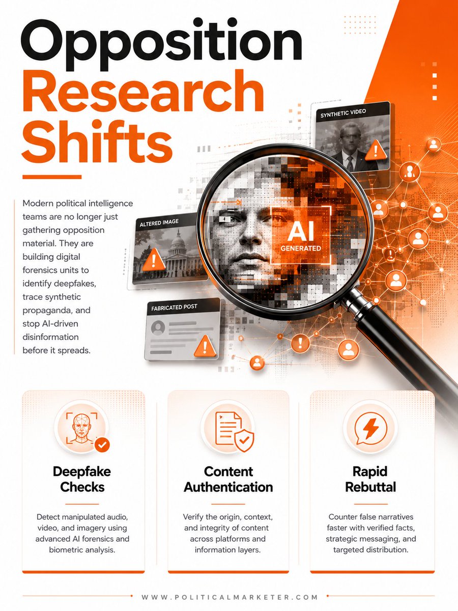 PoliMarketer's tweet photo. Opposition research is shifting toward digital forensics.
Political intelligence teams now need to:
• Authenticate content
• Trace synthetic propaganda
• Counter false narratives quickly
#OppositionResearch #DeepfakeDetection #DigitalForensics #ElectionIntegrity https://t.co/gI0FiXpCT5
