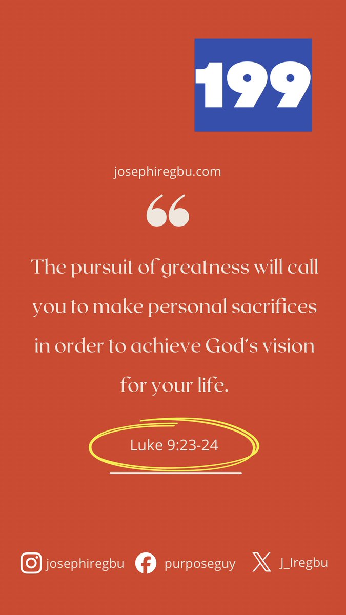 J_Iregbu's tweet photo. People who make significant impact in life cannot avoid personal sacrifices. Jesus made the biggest personal sacrifice in human history. And we (if we truly follow His steps) are not exempt.
#wordfortoday #day199 #purposeguy #sacrifice https://t.co/e6ZyeAbUts