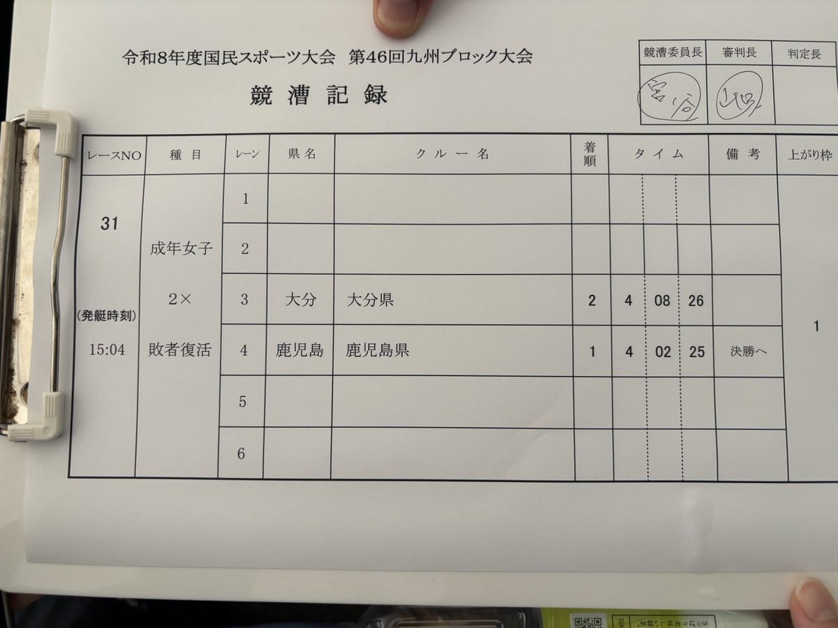 k_soutei's tweet photo. 【令和8年度　国民スポーツ大会　第46回九州ブロック大会】

成人女子　2×  S黑木・B松永

敗者復活戦 1着→決勝へ(7/19 10:18 発艇)

出場している全鹿大クルーの決勝進出が決まりました！

引き続き応援の程よろしくお願いします🙇 https://t.co/KdCmDq38WD