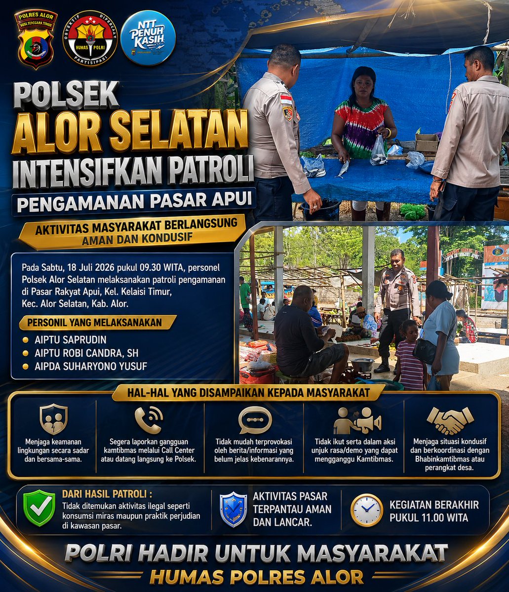 AlorPolres's tweet photo. Polsek Alor Selatan Intensifkan Patroli Pengamanan Pasar Apui, Aktivitas Masyarakat Berlangsung Aman dan Kondusif

Baca selengkapnya di https://t.co/Qi0X7hqj8i https://t.co/GgJOrGKwGH