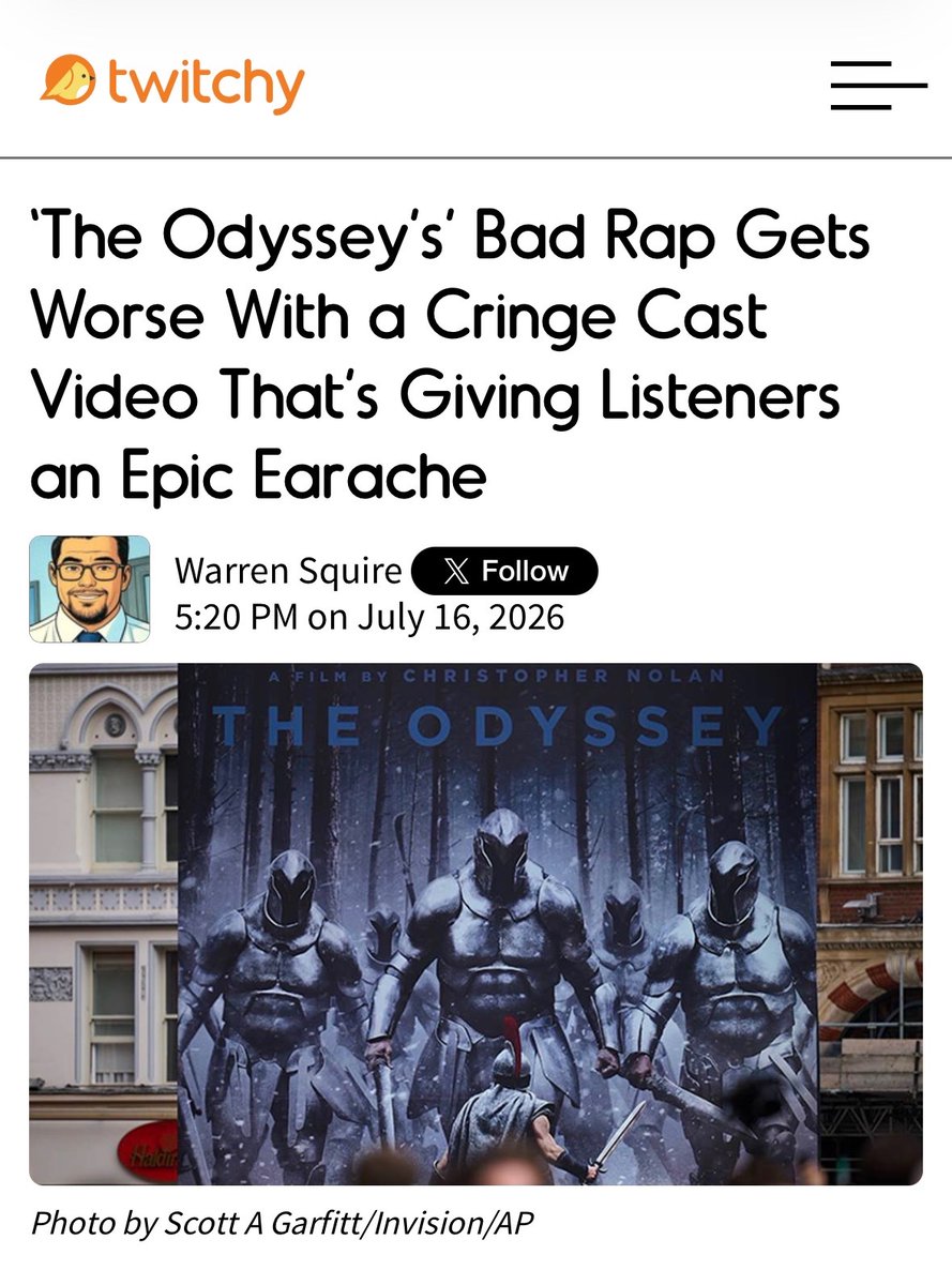 TwitchyTeam's tweet photo. ICYMI: ‘The Odyssey’s’ Bad Rap Gets Worse With a Cringe Cast Video That’s Giving Listeners an Epic Earache

https://t.co/AHbi3GpeXX https://t.co/9SqZmEaHzL