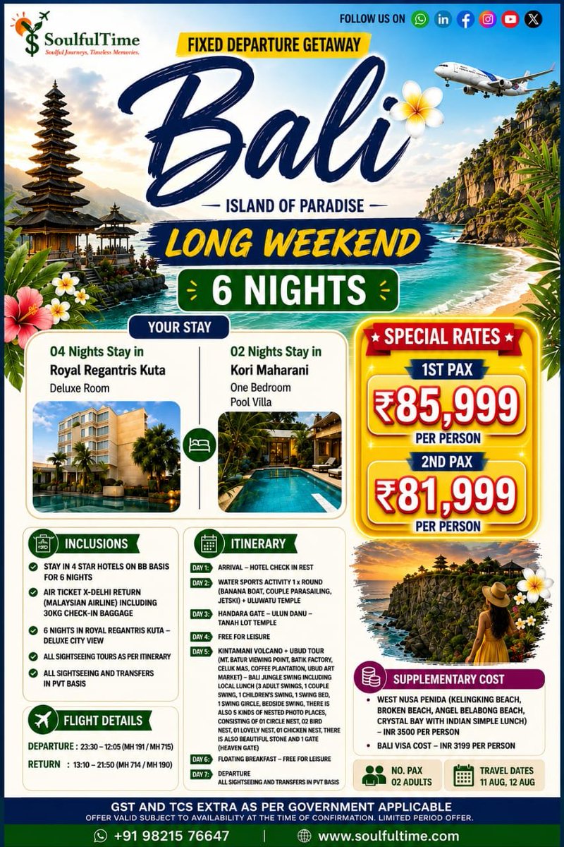 Soulful__time's tweet photo. 🌴 Bali awaits! ✈️
6 Nights | Premium Stays | Flights Included | Starting at ₹81,999* per person.
📅 Fixed Departure: 11 & 12 Aug
📞 +91 98215 76647
🌐 https://t.co/aWHsPXGrtN
#Bali #Travel #LongWeekend #SoulfulTime #Wanderlust https://t.co/cUbUuL2xmU