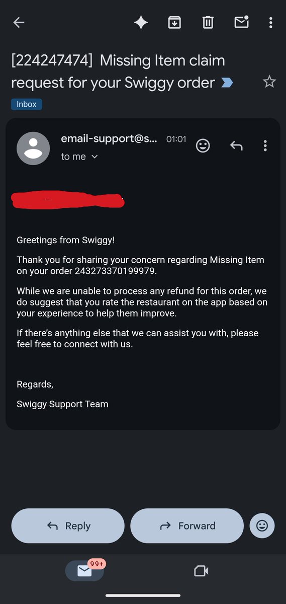 bastab12's tweet photo. I ordered some food items in Swiggy on 17.07.2026 Order ID: 243273370199979 in which in one of the Chicken Biryani the entire piece of chicken was missing. The other items were intact. On complaining to Swiggy they have refused to issue refund and this is their mail @Swiggy https://t.co/3owgnXAc8h