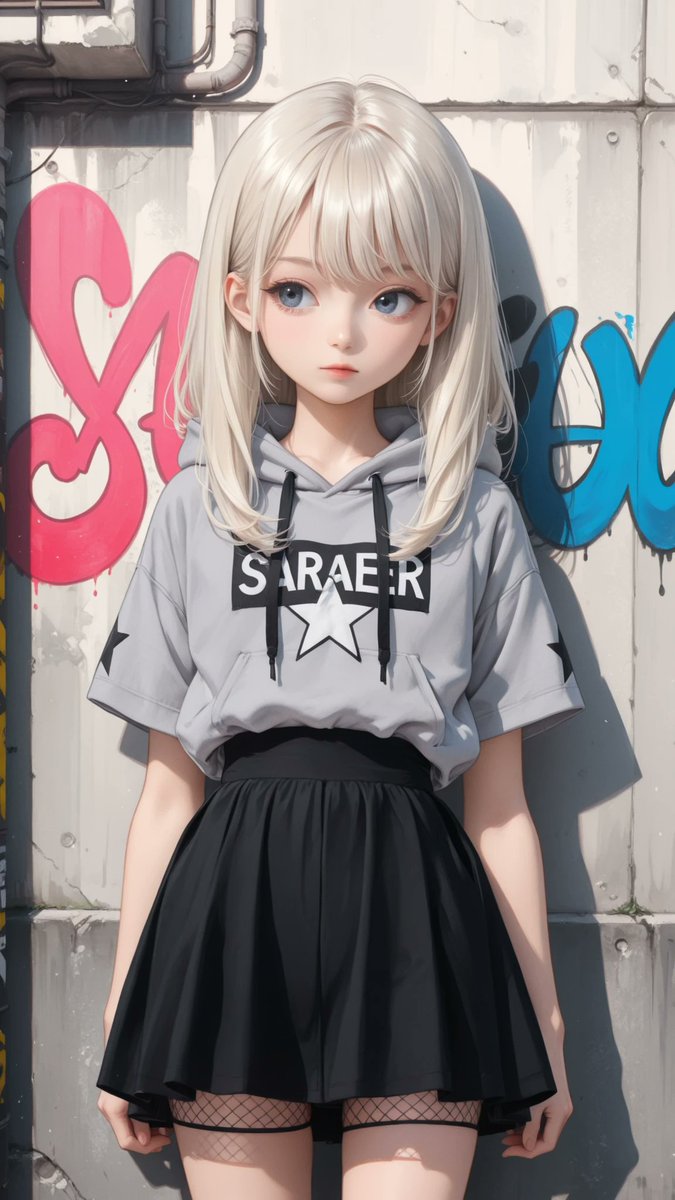 AliceLavli's tweet photo. ダークストリート形ファッションの衣装プロンプトをどうぞ✨
cropped light heather gray hoodie, attached hood, short sleeves only, fitted short sleeves, raw cropped hem ending above the waist, large black distressed dripping five-point star graphic centered on the chest with a small white star cutout, layered black tulle mini skirt, high-waisted elastic waistband, double-tier gathered tulle construction, soft voluminous silhouette, short flared skirt, semi-transparent black mesh outer layers, opaque black underskirt, monochrome color palette, strict color placement, light heather gray hoodie only, black star graphic only, black layered tulle skirt only, no inner sleeves, bare arms, clean modern streetwear aesthetic, minimal accessories, fixed colors, fixed silhouette