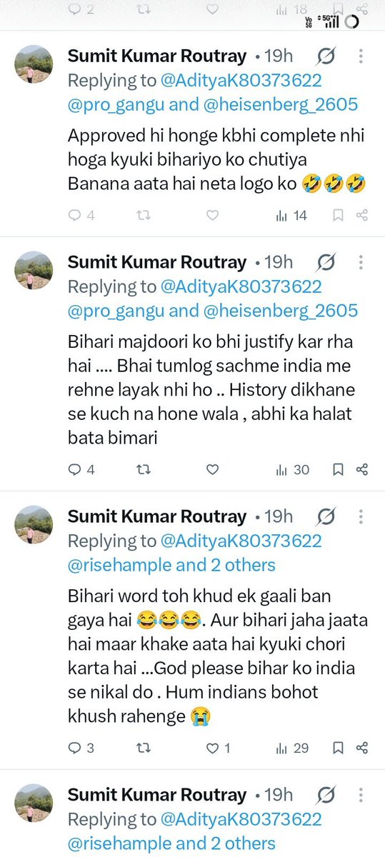 BiharHArchive's tweet photo. Case ID: BHA-2026-0718-084

Platform: X

This is targeted hatred against Biharis as a people. Calling an entire community "parasites," "disease," "thieves" or saying they should be thrown out of India is regional hate speech. Such prejudice has been normalized for far too long. https://t.co/rH8R5Eh6wC