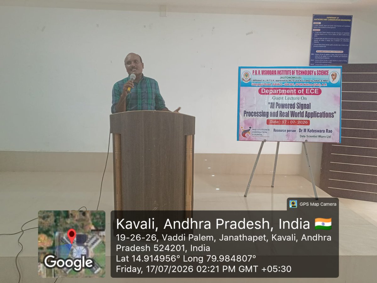 pbrvitsofficial's tweet photo. Guest Lecture - ECE @ #PBRVITS
The Dept. of #ECE hosted a #GuestLecture on AI-Powered Signal Processing & Real-world Applications on 17.07.2026. Dr. M. Koteswara Rao (WIPRO) shared industry insights on AI, ML & signal processing with 126 II https://t.co/n57VyBTUPM students https://t.co/kYUhzAoitv