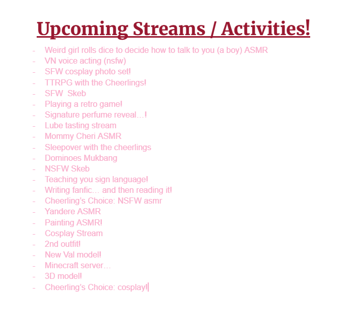 Cheri_Valentina's tweet photo. to celebrate my return! here's a list of activities and streams i'll be doing! https://t.co/KxqyITOLeP