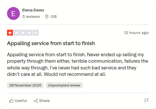 or_rhea's tweet photo. Elena Dews gave Purplebricks 1 star via @Trustpilot https://t.co/Whz2o2EDNu #CONmisery #NoBull #ownit https://t.co/D5gTw7bWrt