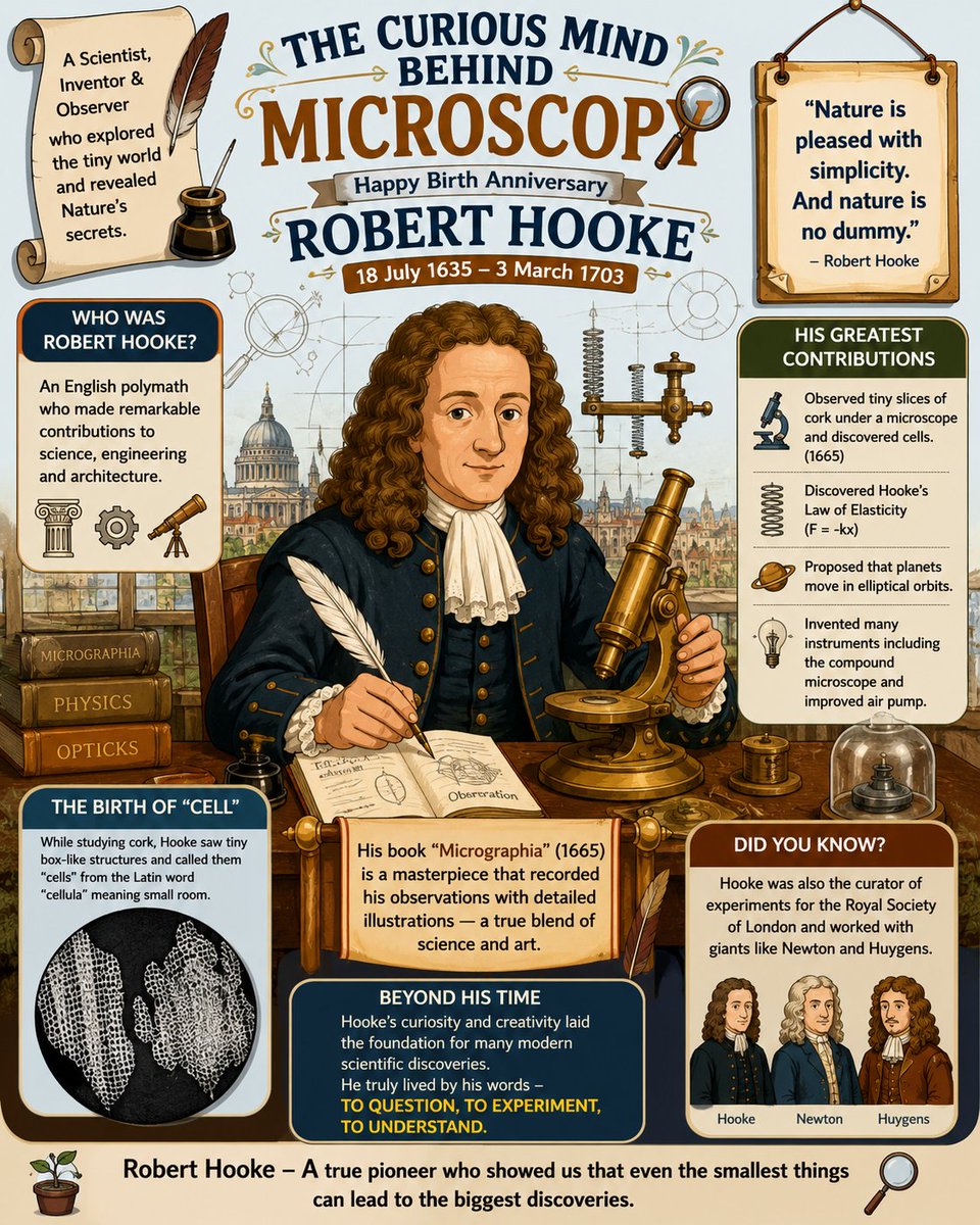 DistrictNavsari's tweet photo. Celebrating Robert Hooke, the visionary who revealed the hidden world of cells, pioneered microscopy, and gave us Hooke's Law. His curiosity transformed science and still inspires discovery today. 🔬✨
#RobertHooke #ScienceHistory #Microscopy #Cells #HookesLaw #STEM #Physics https://t.co/uOjIQR82ZJ