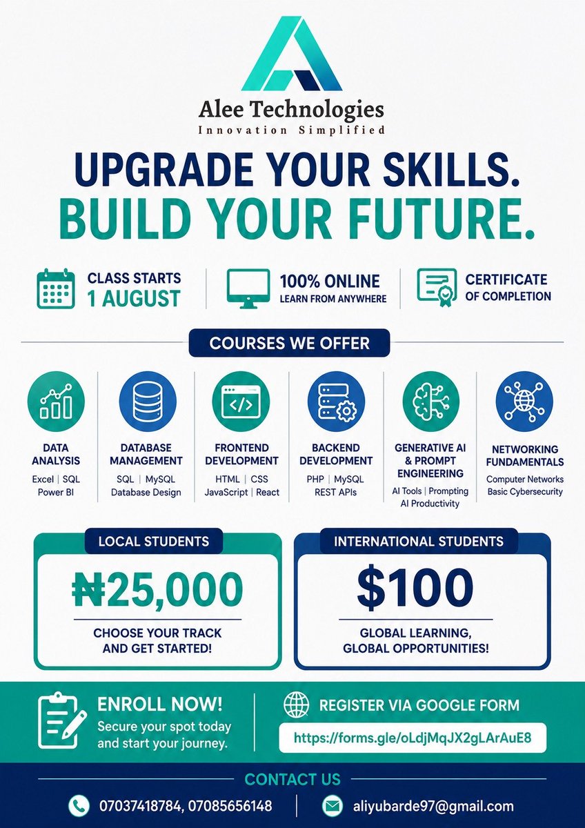 aliyubarde97's tweet photo. @HFM_Nigeria NGOs, Corporate Organizations &amp; Tech Industries Want These Skills in 2026

Ready to boost your career?

Join the ALEE Technologies 2026 ICT Professional Certification Programme and gain practical, industry-relevant digital skills through our 100% online, 7-week training. https://t.co/pNJaLcUuEL