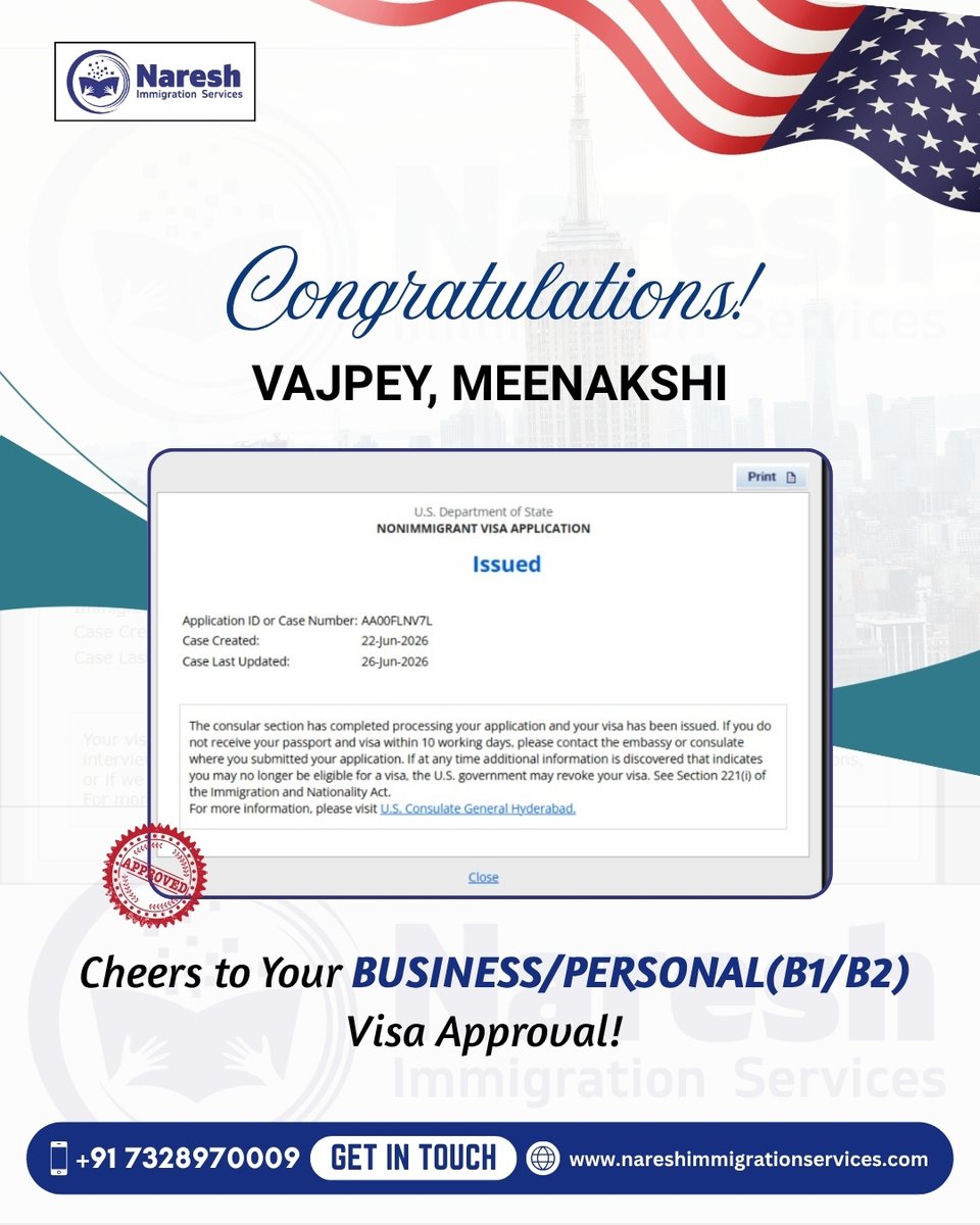 naresh_gundu43's tweet photo. π Congratulations Meenakshi Vajpey on your US B1/B2 Visa Approval! πΊπΈPlanning to visit the USA? Let our experts make your visa journey smooth and hassle-free.
π +91 7328970009
π https://t.co/ZXpyV7h51I
#B1B2Visa #USVisa #VisaApproval #VisitorVisa #NareshImmigration #USA https://t.co/FQ6SCY1Z1l