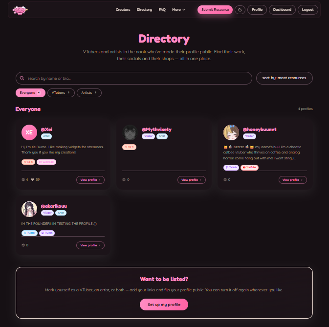 vtubernook's tweet photo. the public profile is still pretty basic for now since it's a brand new feature on vtuber nook!  we'd love to hear your thoughts on it though, feel free to suggest any improvements you'd like to see on the directory page or the public profile and we'll take note! https://t.co/eJwCksy9le