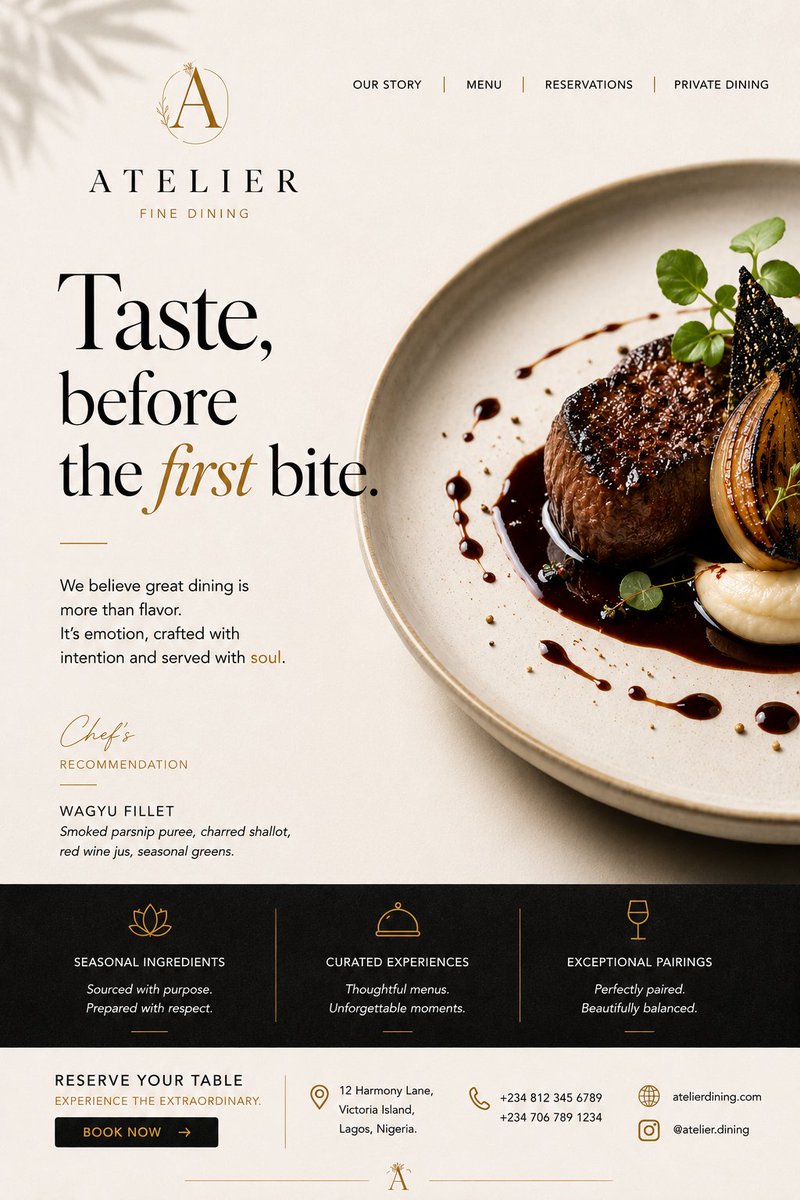 _Emmgreat07's tweet photo. The best restaurants don't just serve food. They shape expectations.
Every design, branding, and visual identity decision in this luxury marketing concept was made to communicate elegance before the first bite.
Because exceptional experiences begin long before the meal arrives. https://t.co/8gKvfJjBej