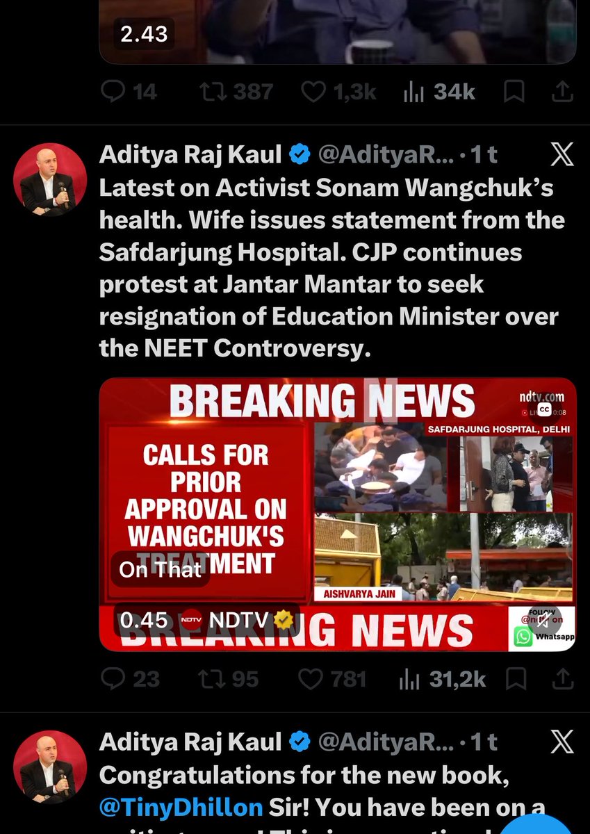 HelleLyngSvends's tweet photo. One of Aditya’s top stories today is the recent development in Sonam Wanchuck’s hunger strike. I would share it, but I can’t since he blocked me. 

Anyways. It is good that they are using their platform to highlight this. Next stop for NDTV is hopefully interviews with government officials/ministers.