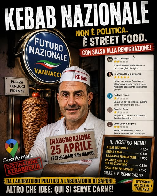 AlanPanassiti's tweet photo. La politica italiana è riuscita nell'impossibile: convincere Google Maps che una sede di partito. #futuroNazionale fosse una kebabberia.

Menù, recensioni, foto AI, "salsa alla remigrazione" e clienti entusiasti. Una zingarata degna di Amici miei.
#kebab #Firenze https://t.co/RoktzUtXcl