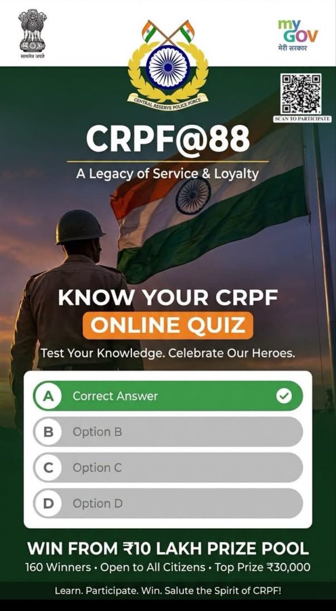 crpf_srinagar's tweet photo. As part of the #CRPF88 campaign,  'Know Your CRPF Online Quiz'. Join the nation-building spirit and win exciting cash prizes! 
Open until: 27 July 2026
 Don't miss out! Open to all citizens.
🔗 Participate now: https://t.co/xmxYERUewo
@crpfindia 
#MissionNaxalMuktBharat2026 https://t.co/xMHT7qai8D