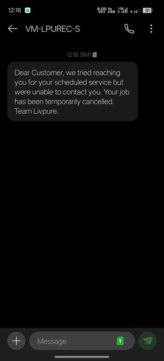Durgi90's tweet photo. @Livpure_India @LivpureSmart 
After 5 days of repeated complaint And request I got this message . I don't know who and how they tried reaching me... Disappointed https://t.co/4GoaSSDh6Q