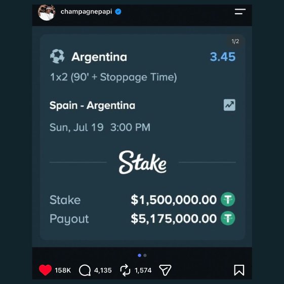 BishtHarsh13302's tweet photo. $5M says the Drake Curse is about to face its biggest test. 👀💀 Drake just backed Argentina with a $1.5M Stake bet.

#Stake #Drake #DrakeCurse #Argentina #Spain #FIFA #WorldCup2026 #Football https://t.co/TacBYtQPr4